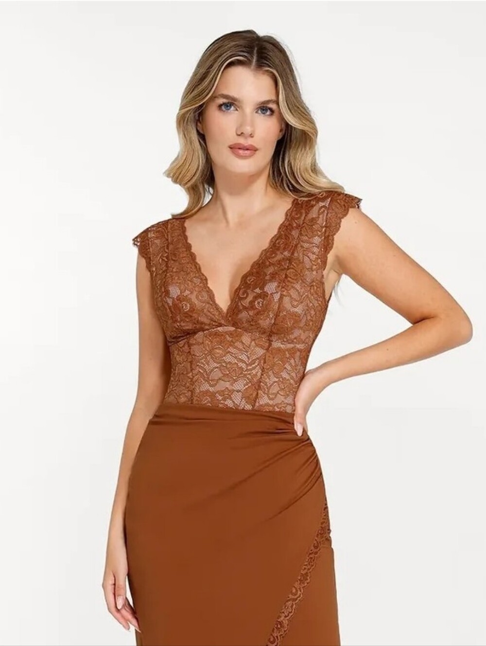 Popilush Lace-Front Shapewear Bodysuit in Copper Brown